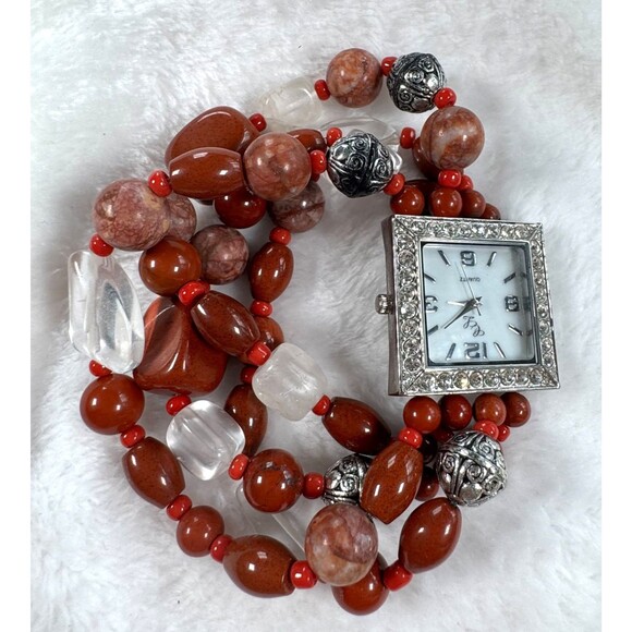 Colleen Lopez Accessories - Chunky Boho Beaded Bracelet Watch Colleen Lopez Crystal Bezel Red Jasper Quartz